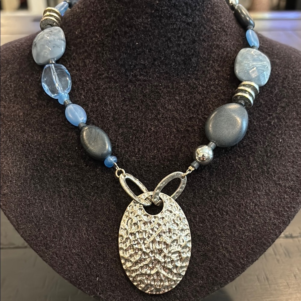Textured Beaded Blue And Silver Necklace